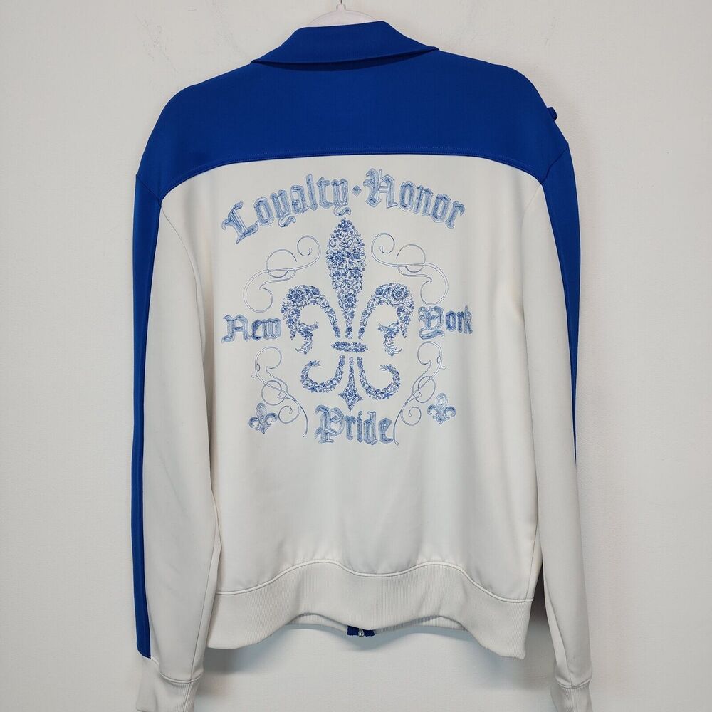 Express Mens Track Jacket Size L Blue White Epaulettes New York Graphic 2008 Y2K